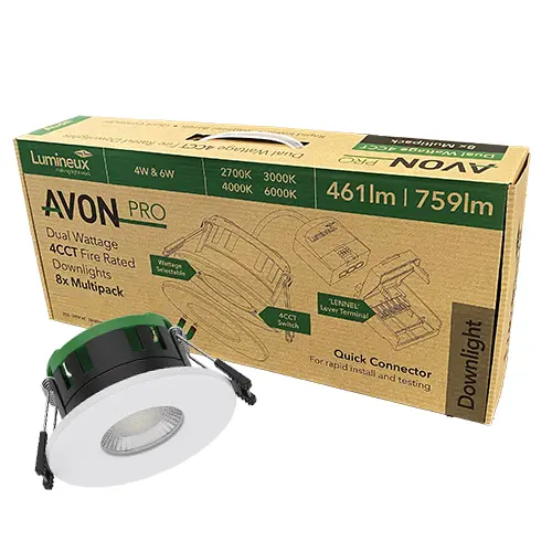 [430850-MP] Avon Pro Fire Rated Downlight 4W/6W 4CCT IP65 White RAL 9016 60D 8 Pack