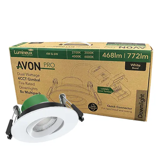 [430860-MP] Avon Pro Fire Rated 360° Gimbal Downlight 4W/6W 4CCT IP54 White 60D 8 Pack